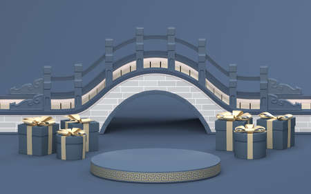 Chinese style bridge with blue background, 3d rendering, Computer digital drawing,