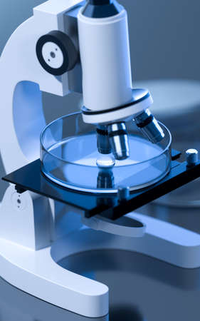 Glassware and microscope in the laboratory, 3d rendering. Computer digital drawing.