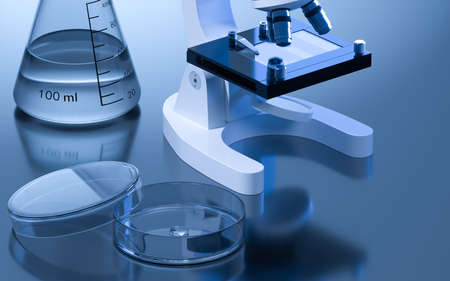 Glassware and microscope in the laboratory, 3d rendering. Computer digital drawing.