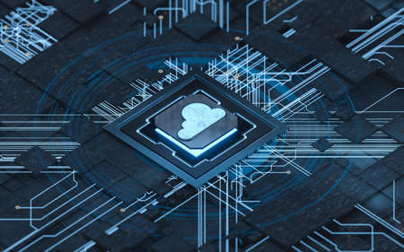 Chip and cloud computing, subject of science and technology, 3d rendering. Computer digital drawing,