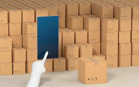 Stacked cardboard box with operating mobile phone, 3d rendering. Computer digital drawing.の写真素材