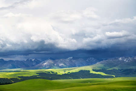 Grassland and snowy mountain in a cloudy day. Shot in Xinjiang, China.