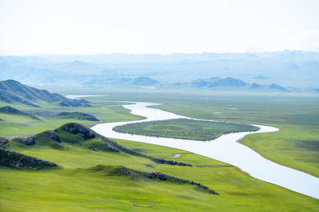 Winding rivers and meadows. Shot in xinjiang, China.の写真素材