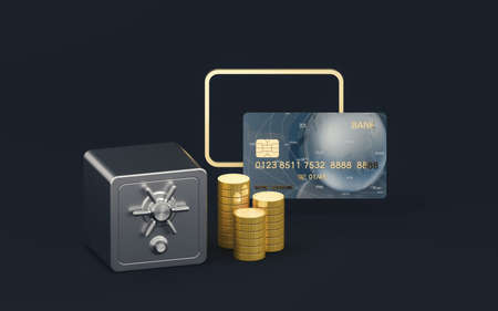 Gold coins and safe box with dark background, 3d rendering. Computer digital drawing.