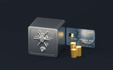 Gold coins and safe box with dark background, 3d rendering. Computer digital drawing.