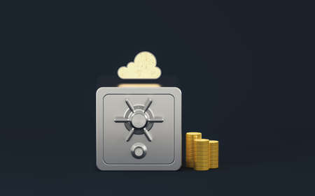 Gold coins and safe box with dark background, 3d rendering. Computer digital drawing.の写真素材