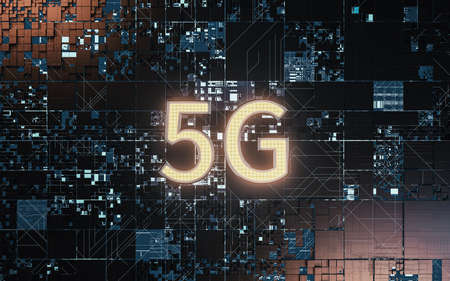 5G communication technology with black background, 3d rendering. Computer digital drawing.
