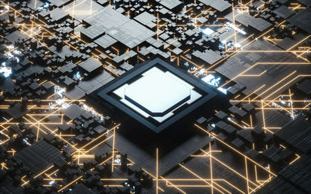 Circuits and cubes with black background, 3d rendering. Computer digital drawing.の写真素材