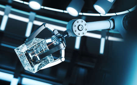 Mechanical arm and cube in a round room, 3d rendering. Computer digital drawing.の写真素材