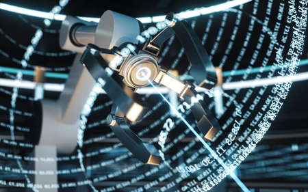 Digital information and mechanical arm in a round room, 3d rendering. Computer digital drawing.の写真素材
