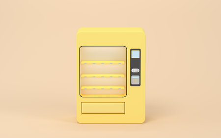 Empty vending machine with yellow background, 3d rendering. Computer digital drawing.の写真素材