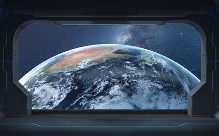 The earth from the view in the spacecraft, 3d rendering. Computer digital drawing.の写真素材