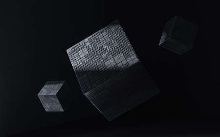 Cubes with black background, science and technology, 3d rendering. Computer digital drawing.の写真素材