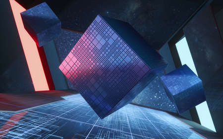 The cube in the tunnel, futuristic room, 3d rendering. Computer digital drawing.