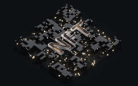 NFT nonfungible tokens concept with dark background, 3d rendering. Computer digital drawing.