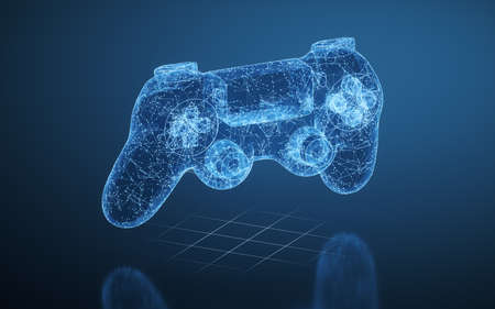Gamepad and blue lines, 3d rendering. Computer digital drawing.