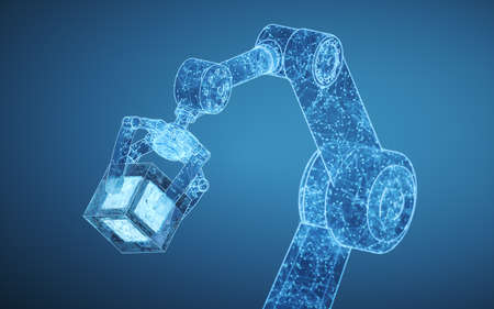 Robotic arm with blue background, 3d rendering. Computer digital drawing.
