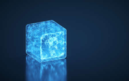 Safe box and blue glowing lines with blue background, 3d rendering. Computer digital drawing.の写真素材