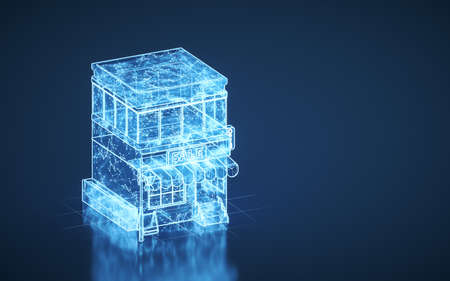 A supermarket with blue background, 3d rendering. Computer digital drawing.