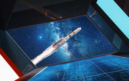 Space station view of the rocket, 3d rendering. Computer digitall drawing.