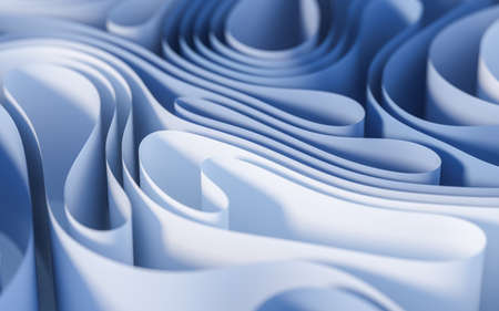 Curvy paper with blue background, 3d rendering. Computer digital drawing.の写真素材
