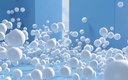 Lots of white balls in a blue room, 3d rendering. Computer digital drawing.の写真素材