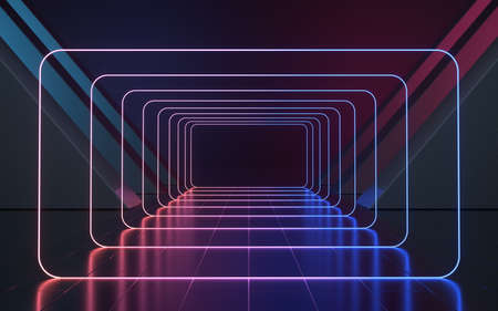 Neon light in the empty room, 3d rendering. Computer digital drawing.の写真素材