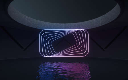 Neon light in the round room, 3d rendering. Computer digital drawing.
