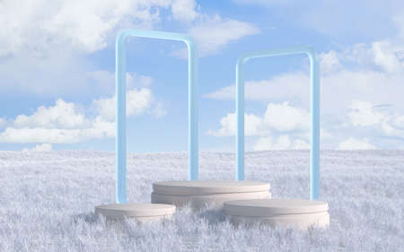 Empty stage and frame with outdoor background, 3d rendering. Computer digital drawing.の写真素材