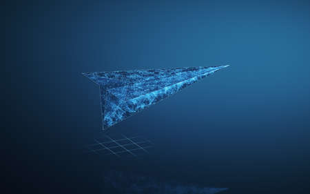 Paper plane with blue lines, 3d rendering. Computer digital drawing.の写真素材