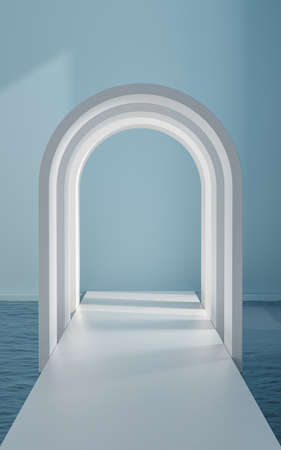 Water and arched door in the empty room, 3d rendering. Computer digital drawing.の写真素材