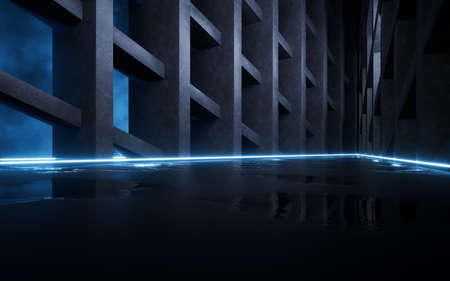 Concrete structure of buildings and neon lines, 3d rendering. Computer digital drawing.の写真素材