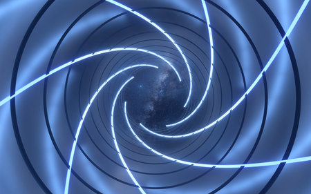 Round tunnel with neon glowing lines, 3d rendering. Computer digital drawing.