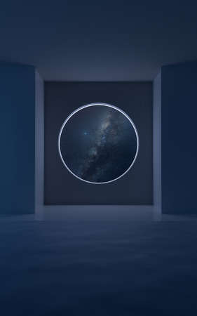 The interior of the room looks out at the stars, 3d rendering. Computer digital drawing.の写真素材