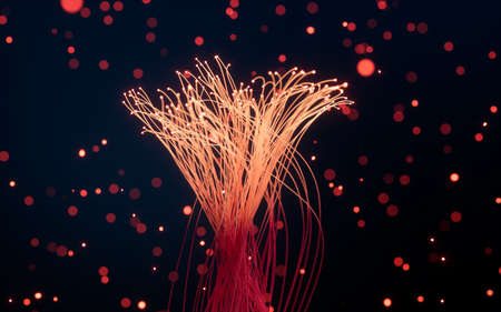 Glowing particles and lines with black background, 3d rendering. Computer digital drawing.の写真素材