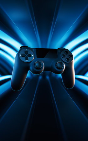 Gamepad in a room, 3d rendering. Computer digital drawing.