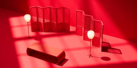Chinese screen and lamp with red background, 3d rendering. Computer digital drawing.