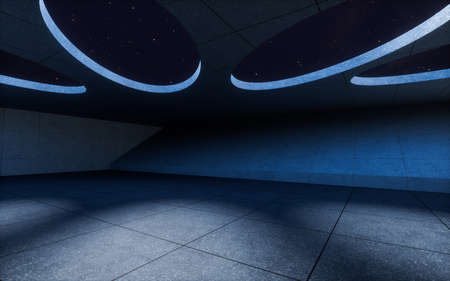 Abstract concrete building with dark background, 3d rendering. Computer digital drawing.