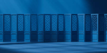 Chinese screen with blue background, 3d rendering. Computer digital drawing.の写真素材
