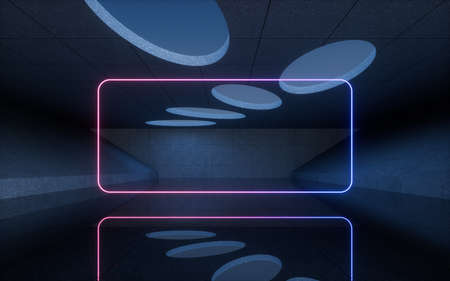 Concrete building and neon lines, 3d rendering. Computer digital drawing.
