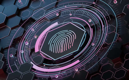 Fingerprints with hexagonal background, 3d rendering. Computer digital drawing.