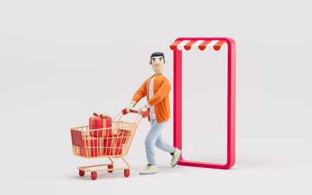 A man pushed a shopping cart, online shopping, 3d rendering. Computer digital drawing.