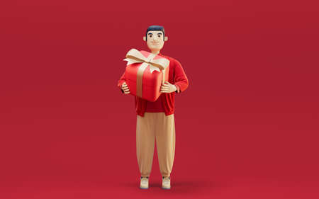 A man and gifts with red background, 3d rendering. Computer digital drawing.の写真素材