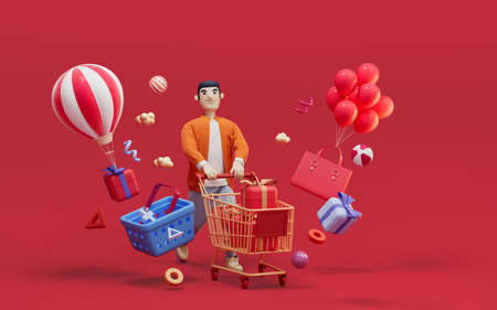 A man buy lots of gifts for using during the Spring Festival, 3d rendering. Computer digital...