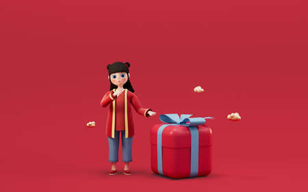 A Chinese girl and gifts with red background, 3d rendering. Computer digital drawing.