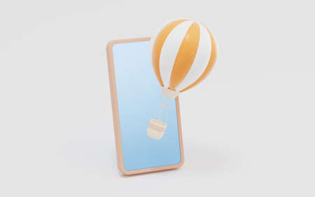 Hot air balloon and phone with white background, 3d rendering. Computer digital drawing.