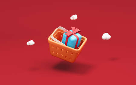 Shopping basket and gifts, 3d rendering. Computer digital drawing.の写真素材