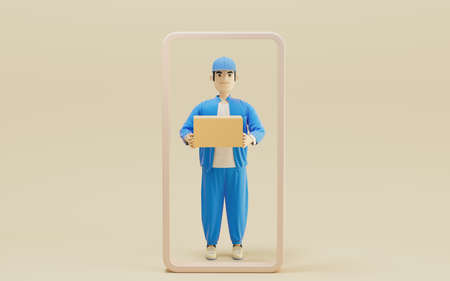 A cartoon deliveryman and gifts, 3d rendering. Computer digital drawing.