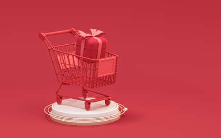 Shopping cart and gifts, shopping theme, 3d rendering. Computer digital drawing.の写真素材