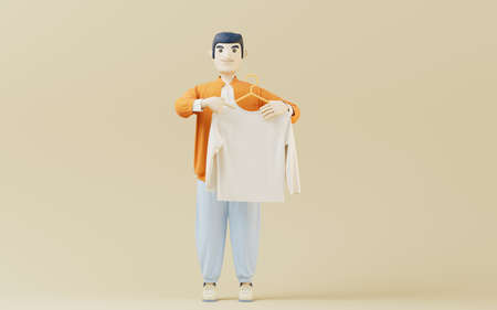 A man holding clothes with yellow background, 3d rendering. Computer digital drawing.